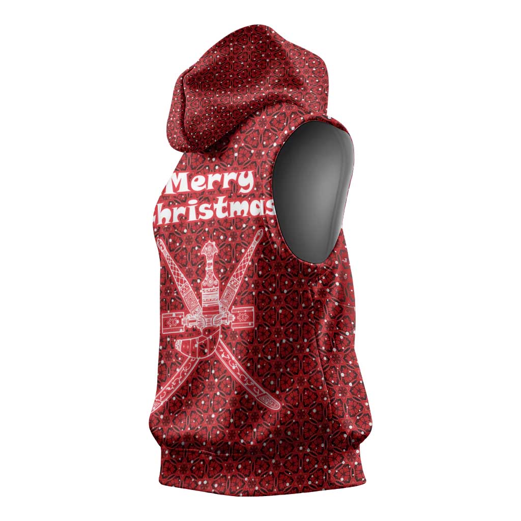 Oman Christmas Sleeveless Hoodie with Red Geometric Design, White Oryx, and National Emblem Motif - Wonder Print Shop