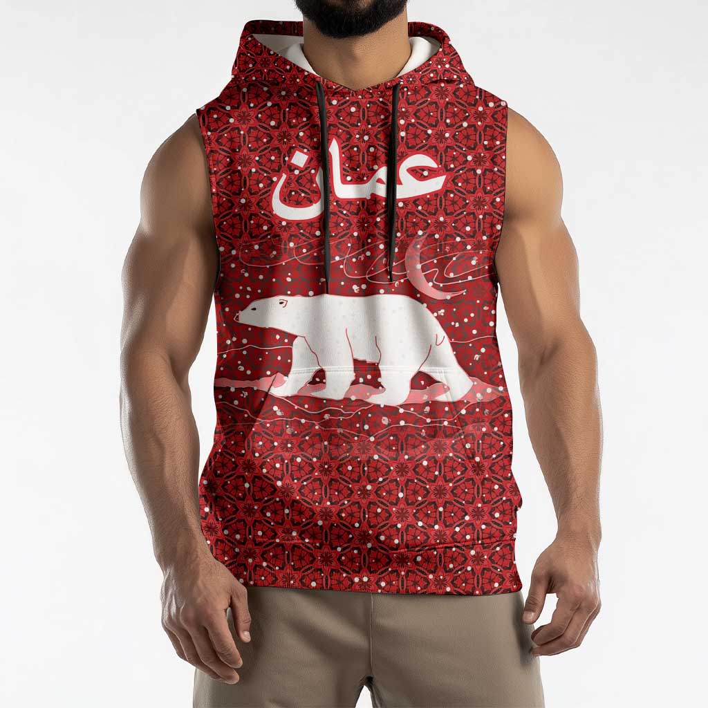 Oman Christmas Sleeveless Hoodie with Red Geometric Design, White Oryx, and National Emblem Motif - Wonder Print Shop