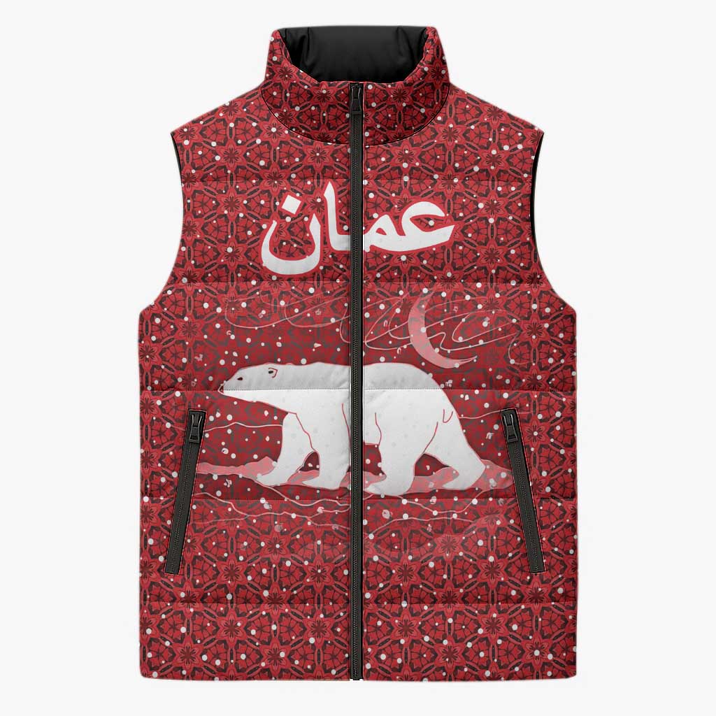 Oman Christmas Sleeveless Puffer Jacket with Red Geometric Design, White Oryx, and National Emblem Motif - Wonder Print Shop