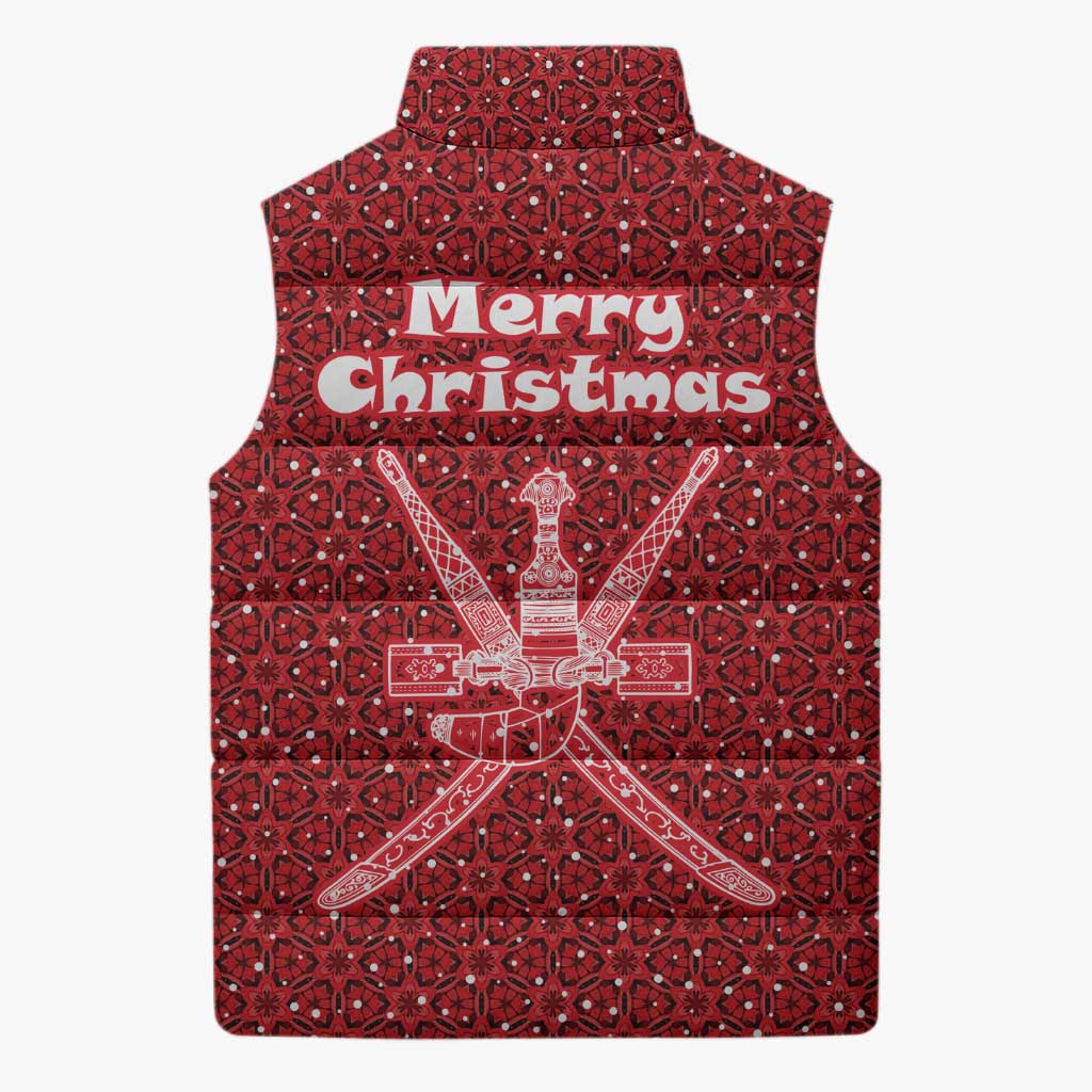Oman Christmas Sleeveless Puffer Jacket with Red Geometric Design, White Oryx, and National Emblem Motif - Wonder Print Shop