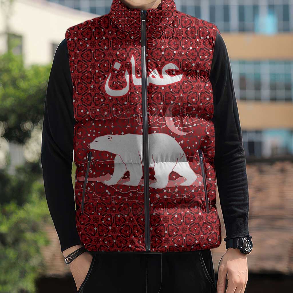 Oman Christmas Sleeveless Puffer Jacket with Red Geometric Design, White Oryx, and National Emblem Motif - Wonder Print Shop