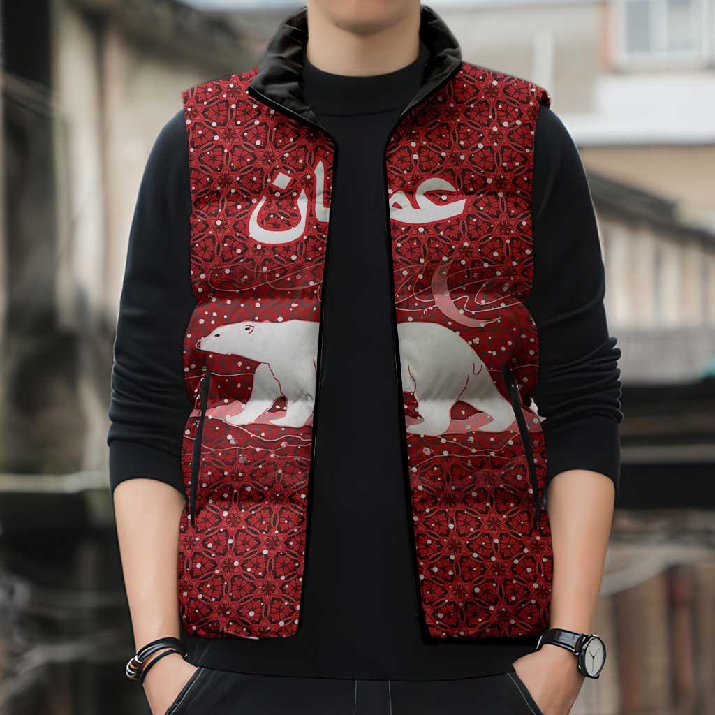 Oman Christmas Sleeveless Puffer Jacket with Red Geometric Design, White Oryx, and National Emblem Motif - Wonder Print Shop