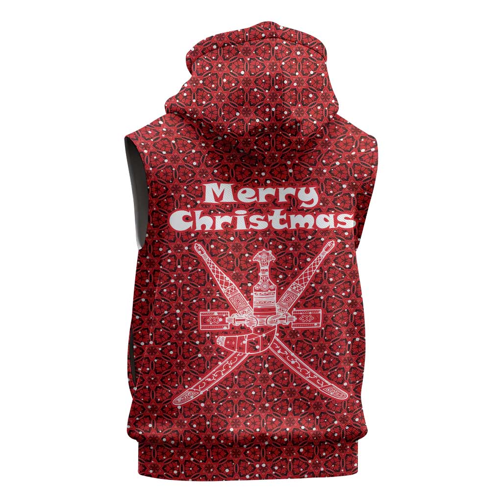 Oman Christmas Sleeveless Zip Hoodie with Red Geometric Design, White Oryx, and National Emblem Motif - Wonder Print Shop