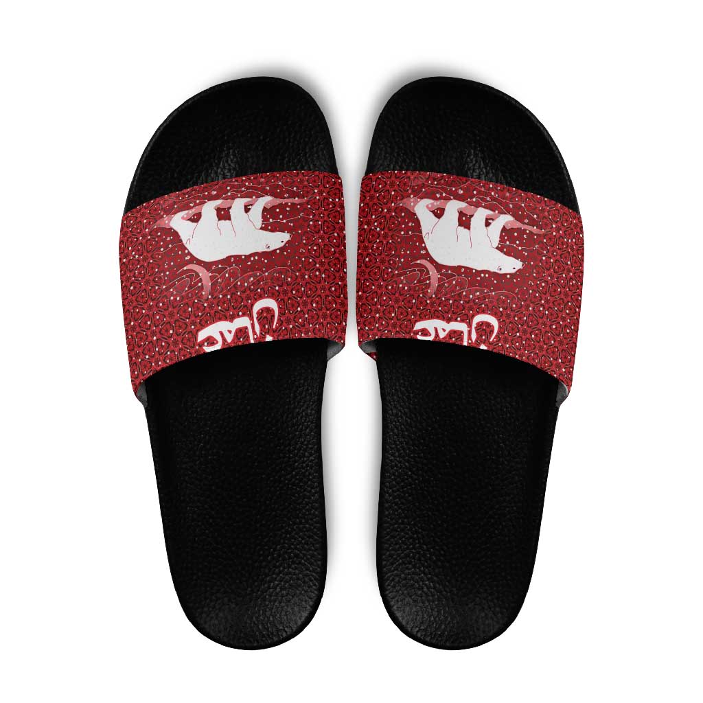 Oman Christmas Slide Sandals with Red Geometric Design, White Oryx, and National Emblem Motif - Wonder Print Shop