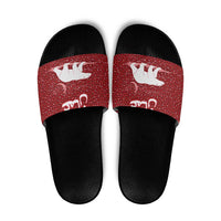 Oman Christmas Slide Sandals with Red Geometric Design, White Oryx, and National Emblem Motif - Wonder Print Shop
