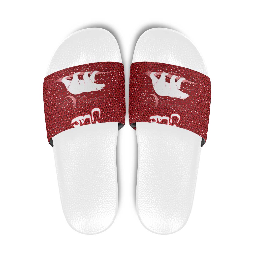 Oman Christmas Slide Sandals with Red Geometric Design, White Oryx, and National Emblem Motif - Wonder Print Shop