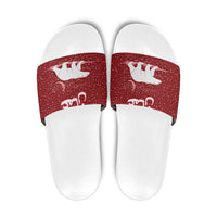 Oman Christmas Slide Sandals with Red Geometric Design, White Oryx, and National Emblem Motif - Wonder Print Shop