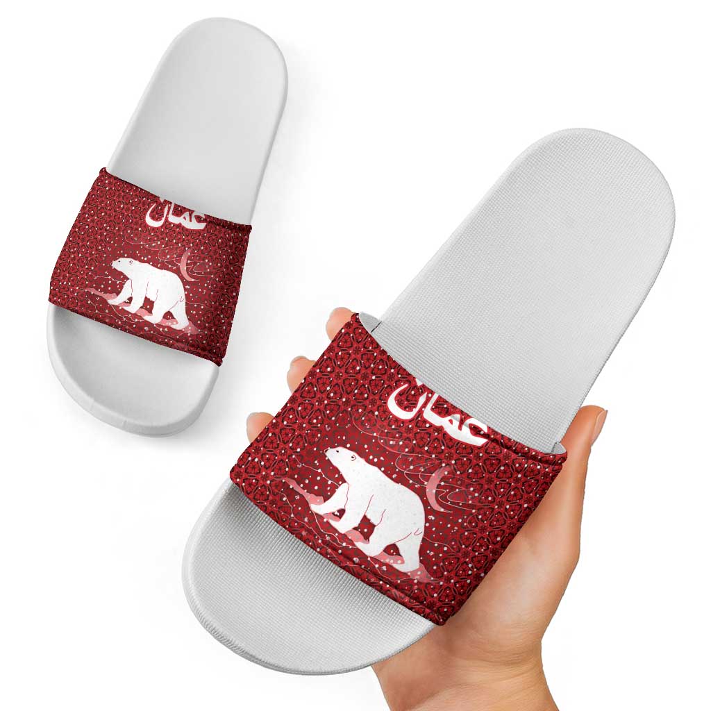 Oman Christmas Slide Sandals with Red Geometric Design, White Oryx, and National Emblem Motif - Wonder Print Shop