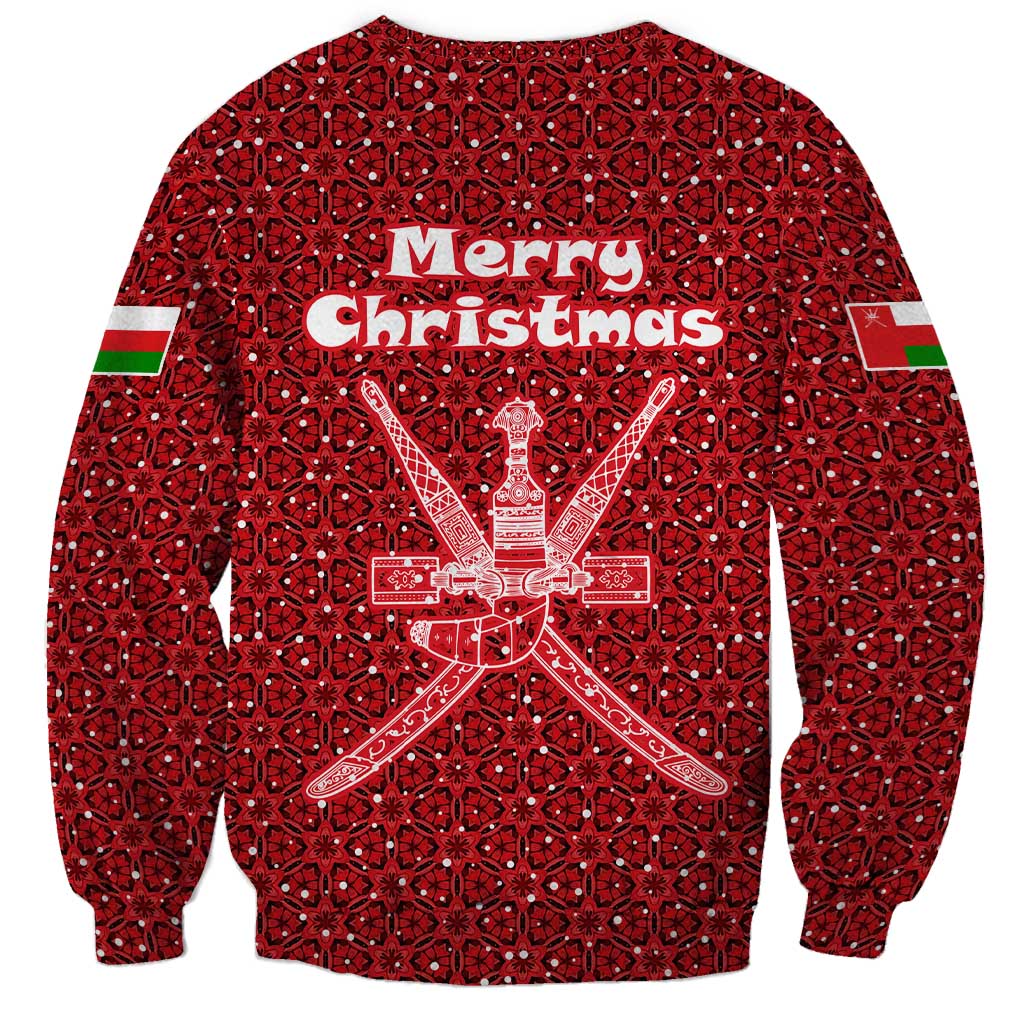 Oman Christmas Sweatshirt with Red Geometric Design, White Oryx, and National Emblem Motif - Wonder Print Shop