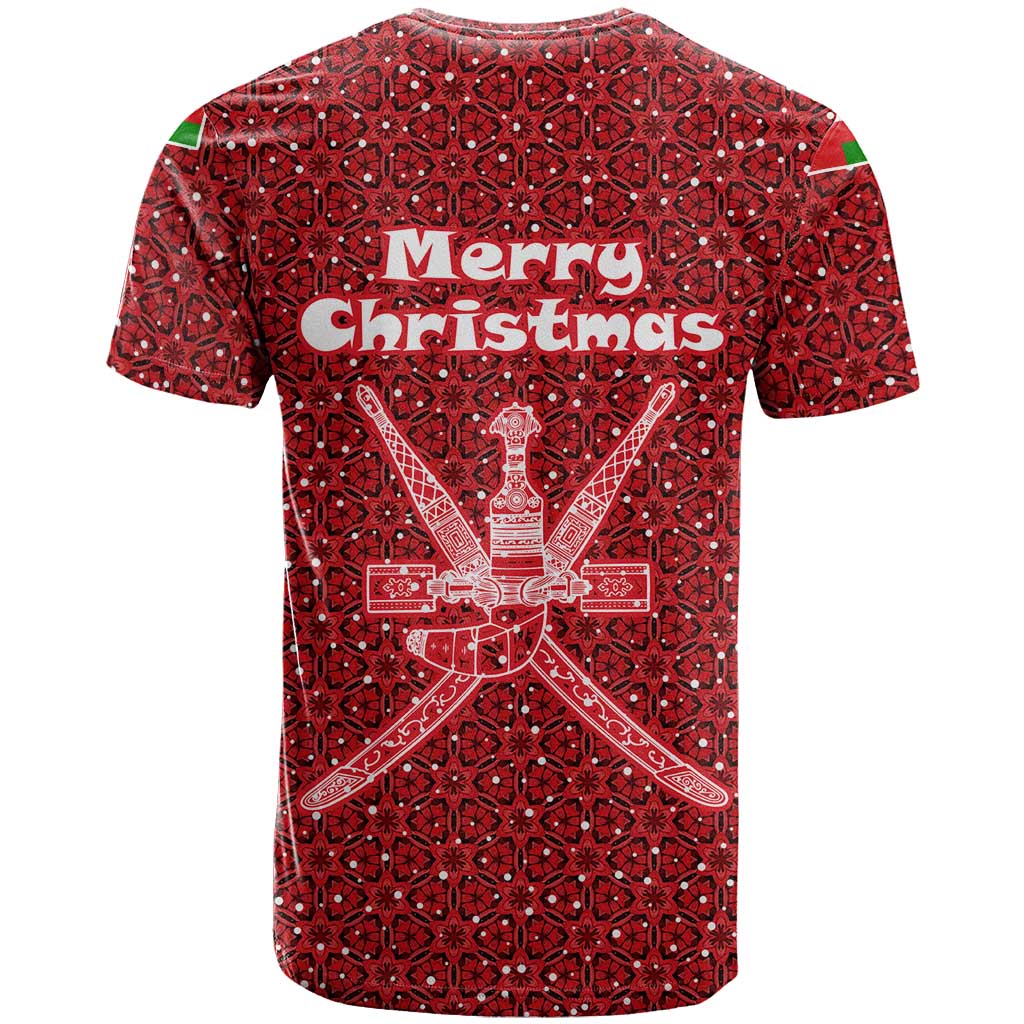 Oman Christmas T Shirt with Red Geometric Design, White Oryx, and National Emblem Motif - Wonder Print Shop