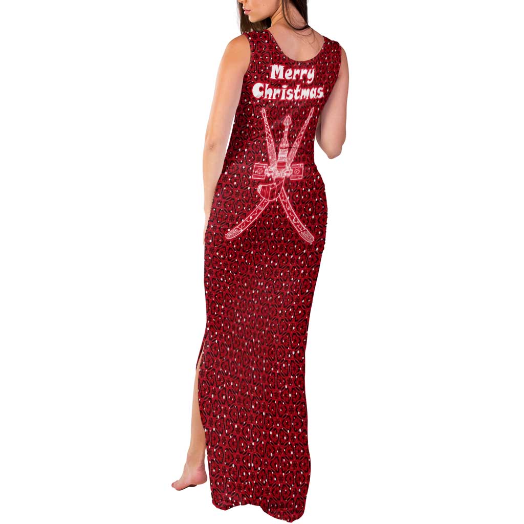 Oman Christmas Tank Maxi Dress with Red Geometric Design, White Oryx, and National Emblem Motif - Wonder Print Shop