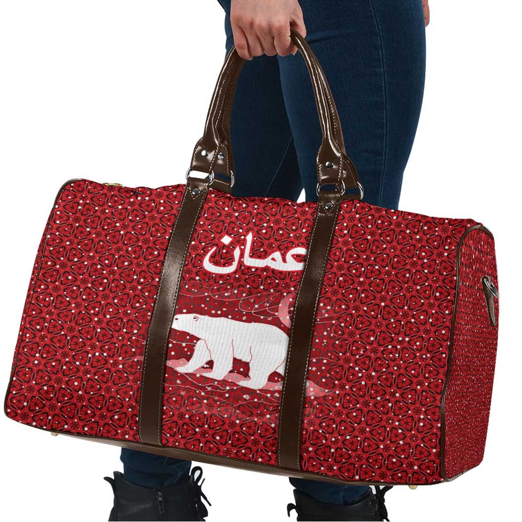 Oman Christmas Travel Bag with Red Geometric Design, White Oryx, and National Emblem Motif - Wonder Print Shop