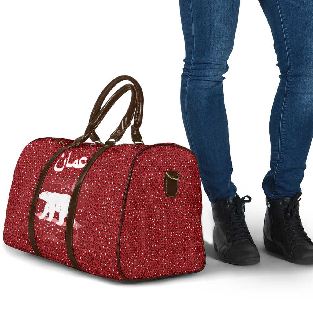 Oman Christmas Travel Bag with Red Geometric Design, White Oryx, and National Emblem Motif - Wonder Print Shop