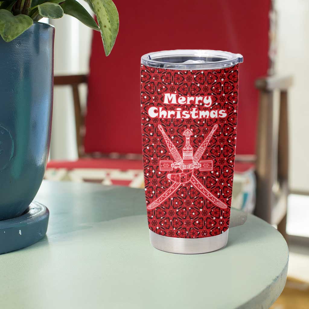 Oman Christmas Tumbler Cup with Red Geometric Design, White Oryx, and National Emblem Motif - Wonder Print Shop