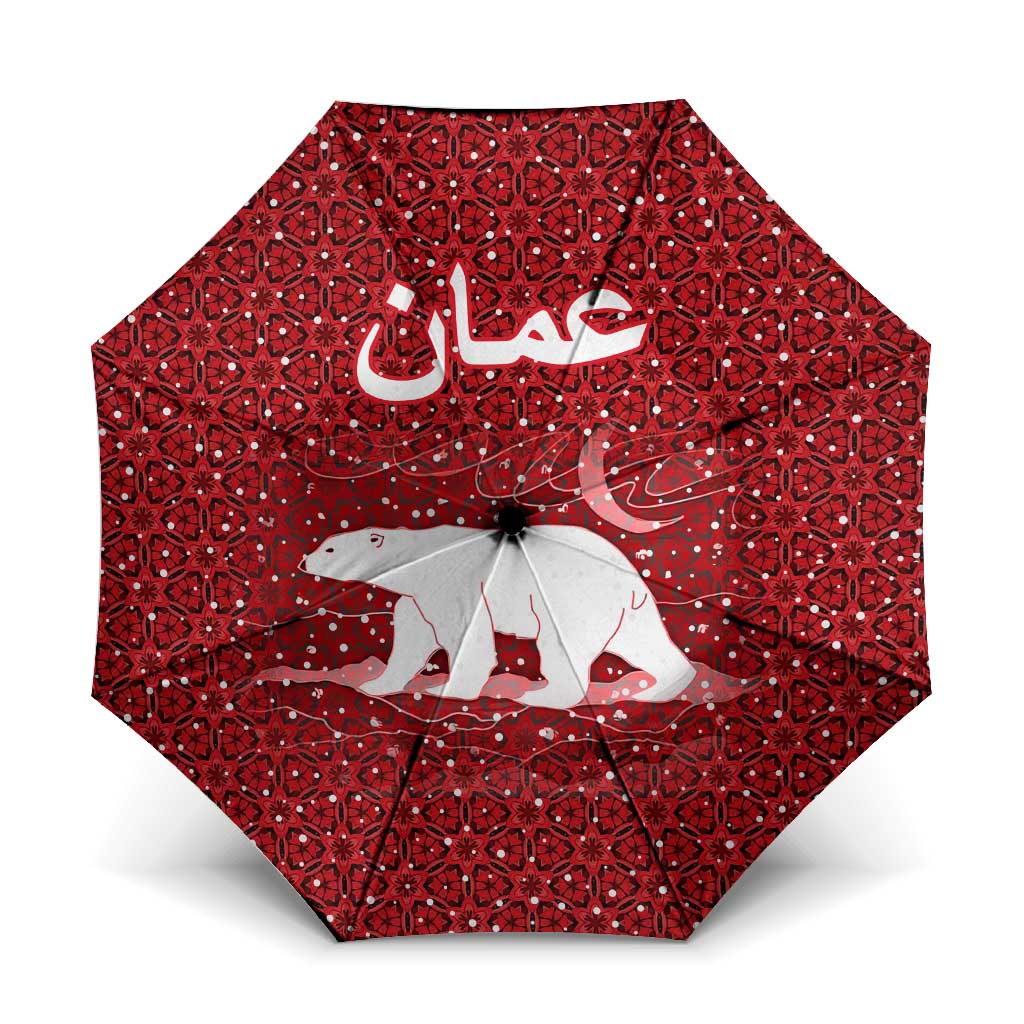 Oman Christmas Umbrella with Red Geometric Design, White Oryx, and National Emblem Motif - Wonder Print Shop