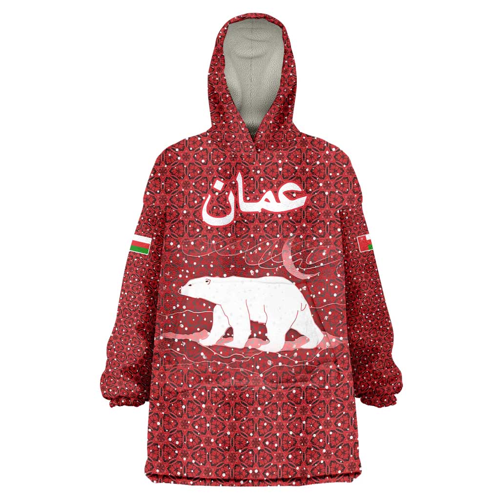 Oman Christmas Wearable Blanket Hoodie with Red Geometric Design, White Oryx, and National Emblem Motif - Wonder Print Shop