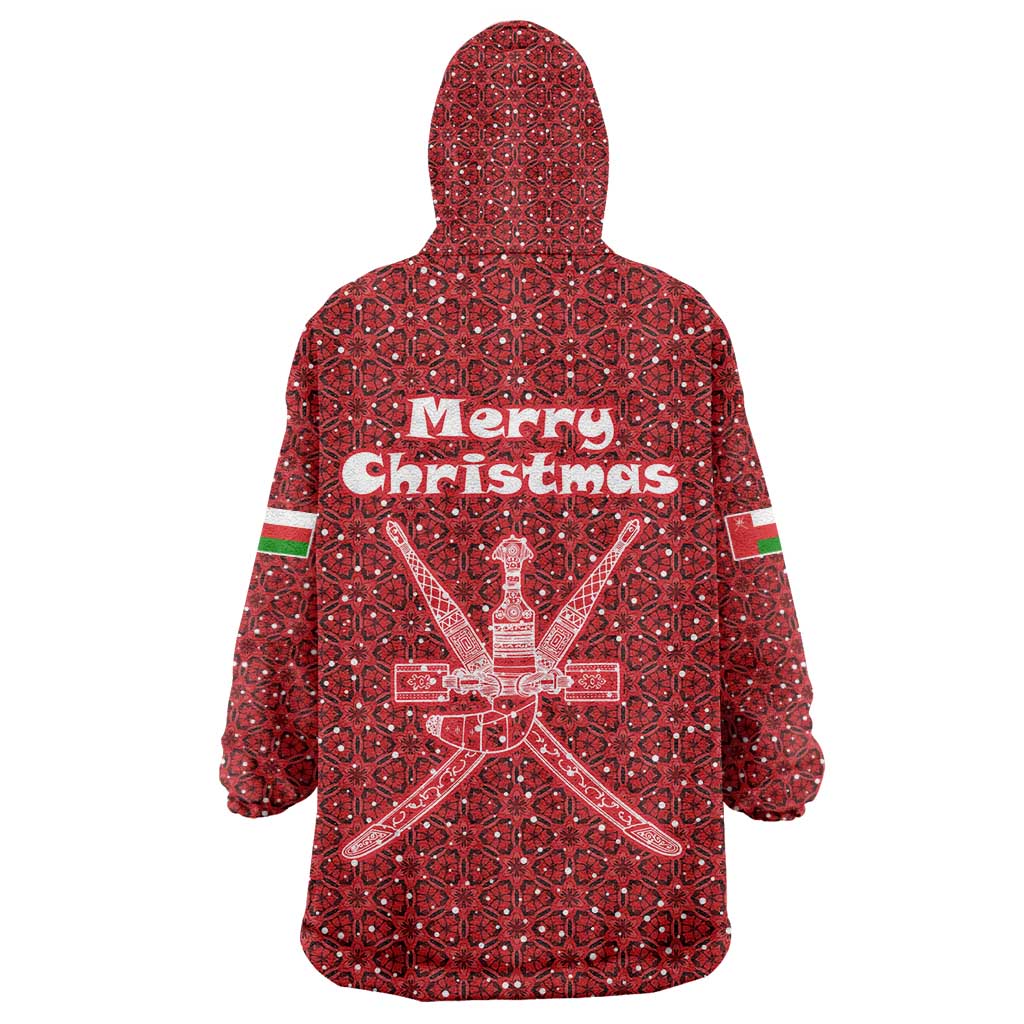 Oman Christmas Wearable Blanket Hoodie with Red Geometric Design, White Oryx, and National Emblem Motif - Wonder Print Shop