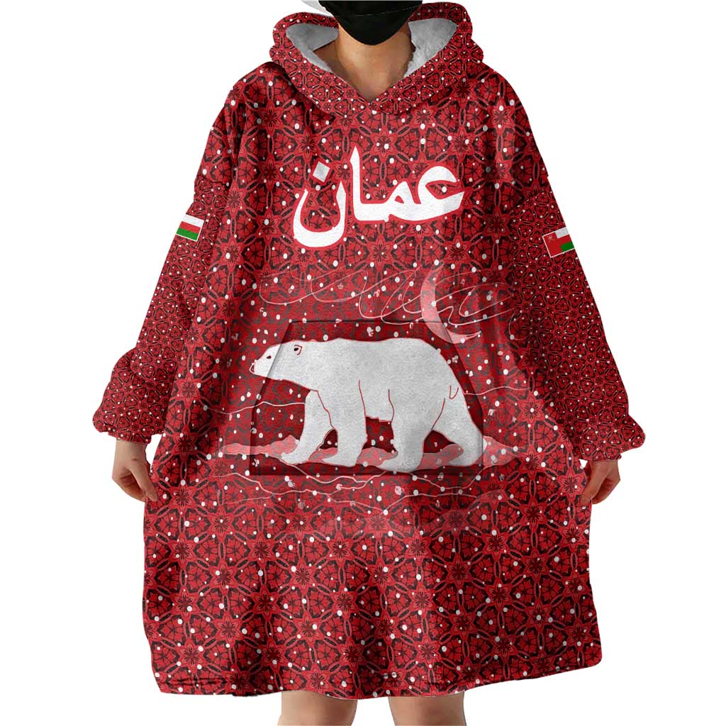 Oman Christmas Wearable Blanket Hoodie with Red Geometric Design, White Oryx, and National Emblem Motif - Wonder Print Shop