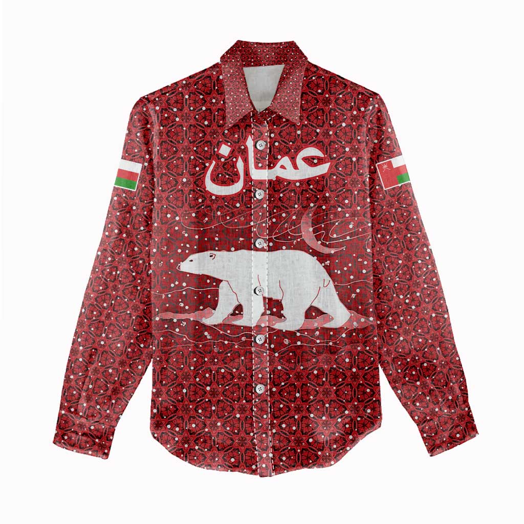 Oman Christmas Women Casual Shirt with Red Geometric Design, White Oryx, and National Emblem Motif - Wonder Print Shop