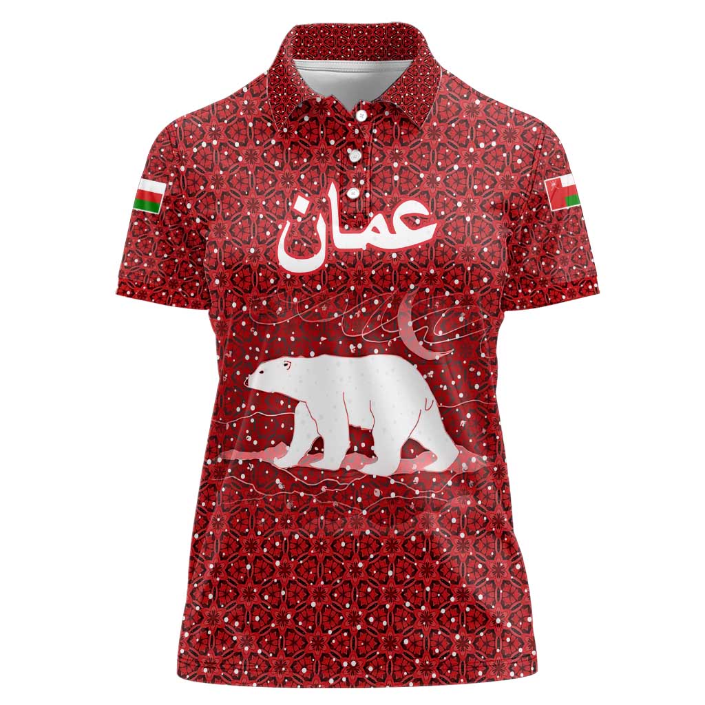 Oman Christmas Women Polo Shirt with Red Geometric Design, White Oryx, and National Emblem Motif - Wonder Print Shop