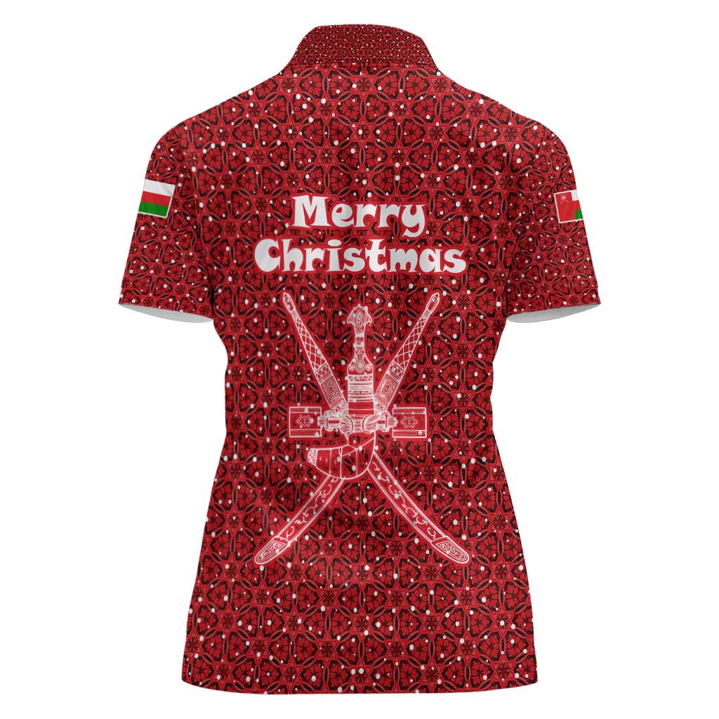 Oman Christmas Women Polo Shirt with Red Geometric Design, White Oryx, and National Emblem Motif - Wonder Print Shop