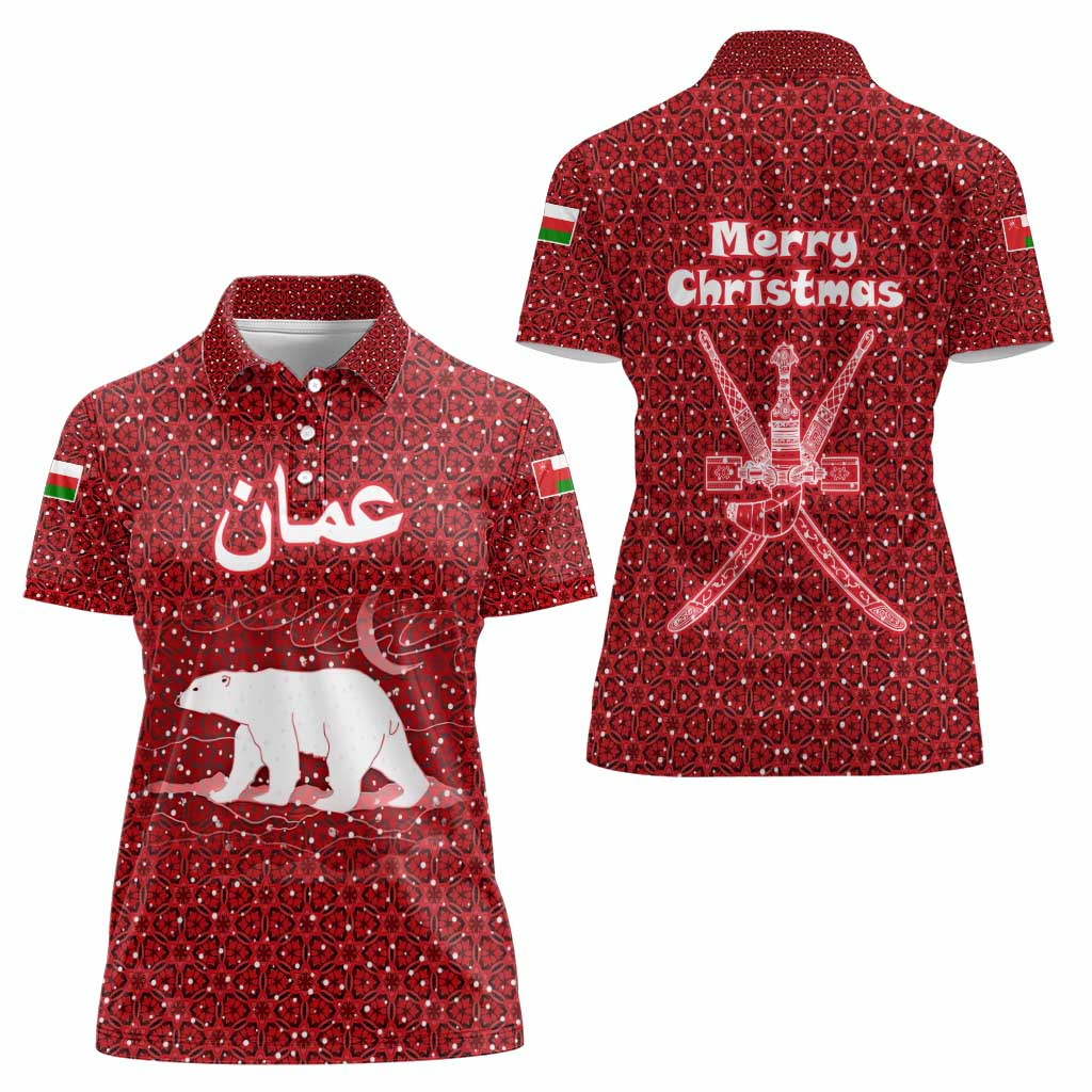 Oman Christmas Women Polo Shirt with Red Geometric Design, White Oryx, and National Emblem Motif - Wonder Print Shop