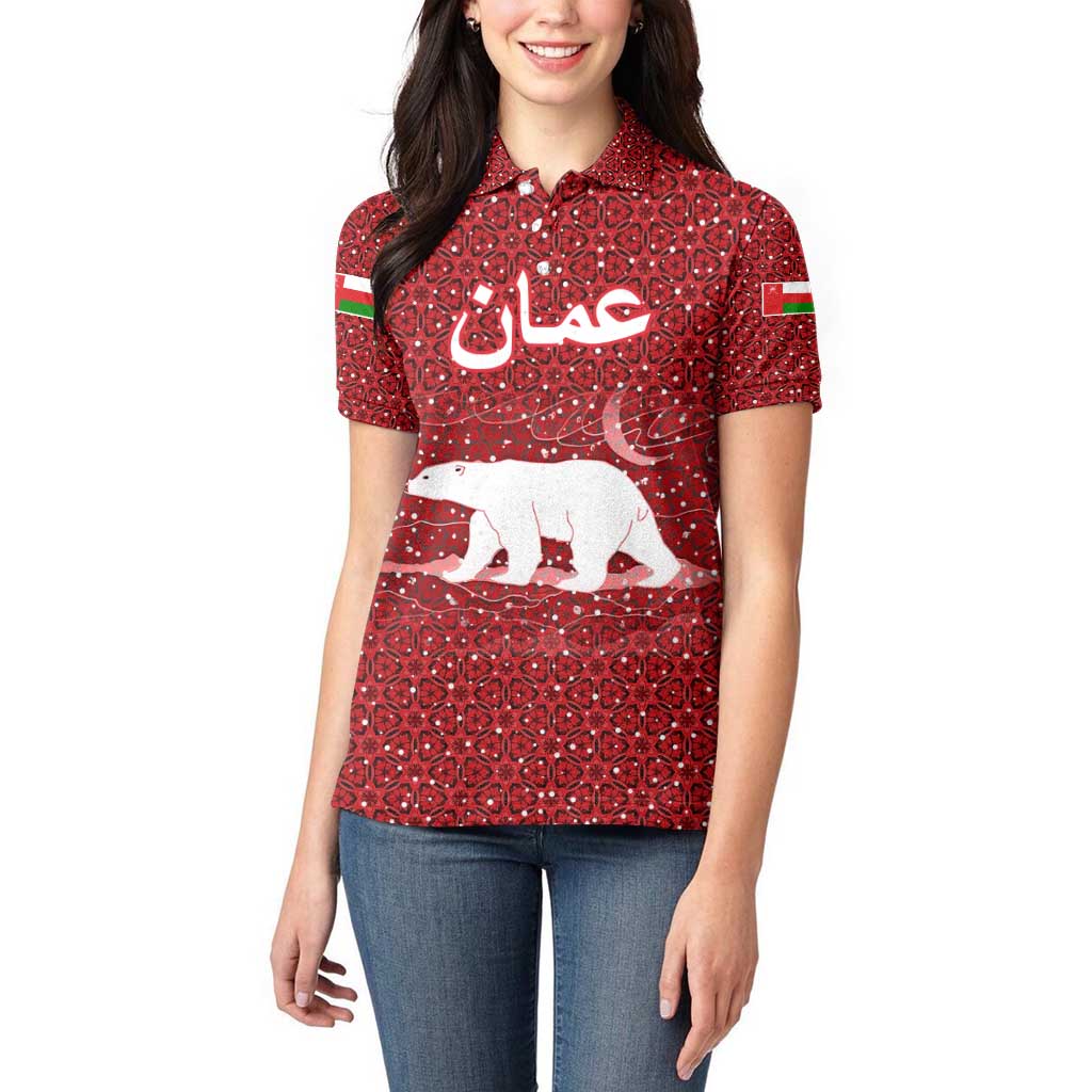 Oman Christmas Women Polo Shirt with Red Geometric Design, White Oryx, and National Emblem Motif - Wonder Print Shop