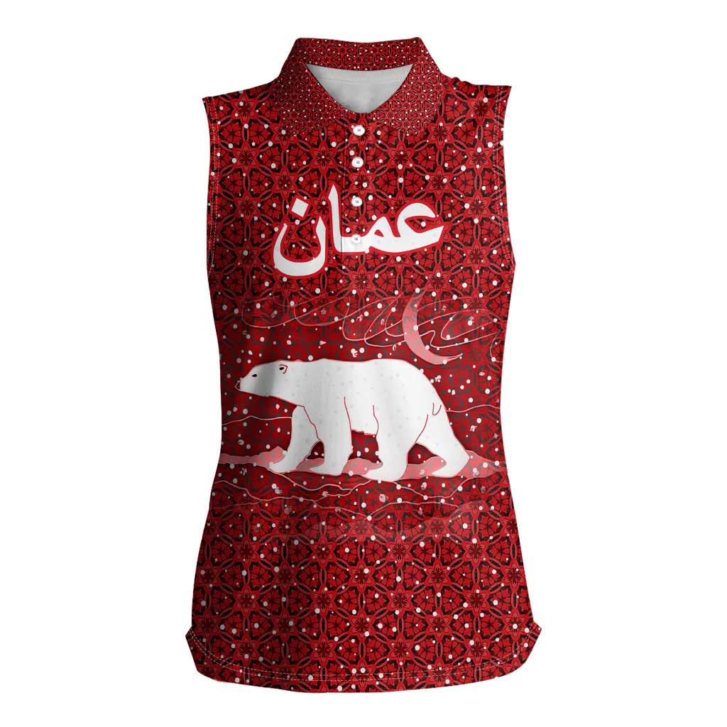 Oman Christmas Women Sleeveless Polo Shirt with Red Geometric Design, White Oryx, and National Emblem Motif - Wonder Print Shop