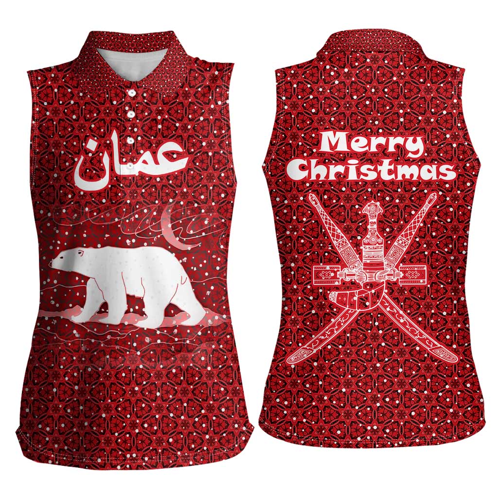 Oman Christmas Women Sleeveless Polo Shirt with Red Geometric Design, White Oryx, and National Emblem Motif - Wonder Print Shop