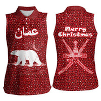 Oman Christmas Women Sleeveless Polo Shirt with Red Geometric Design, White Oryx, and National Emblem Motif - Wonder Print Shop