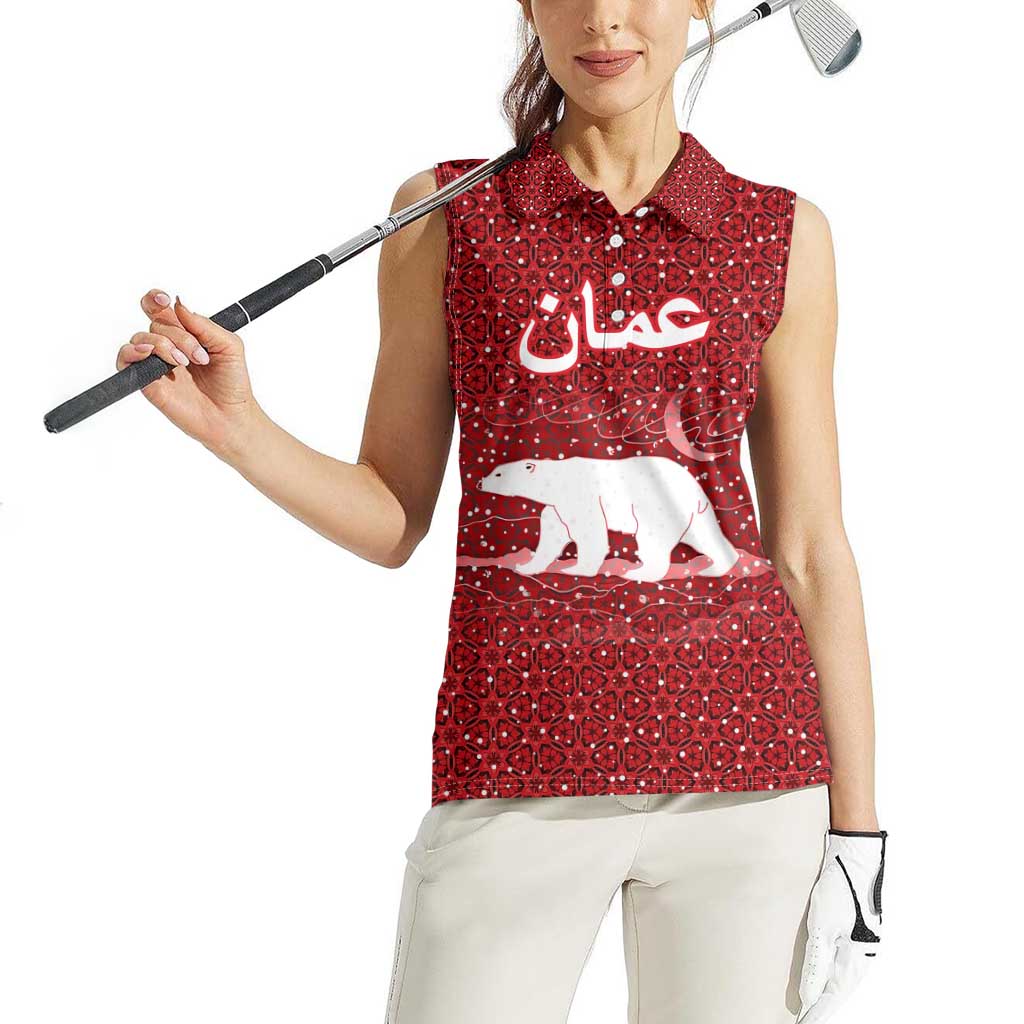 Oman Christmas Women Sleeveless Polo Shirt with Red Geometric Design, White Oryx, and National Emblem Motif - Wonder Print Shop
