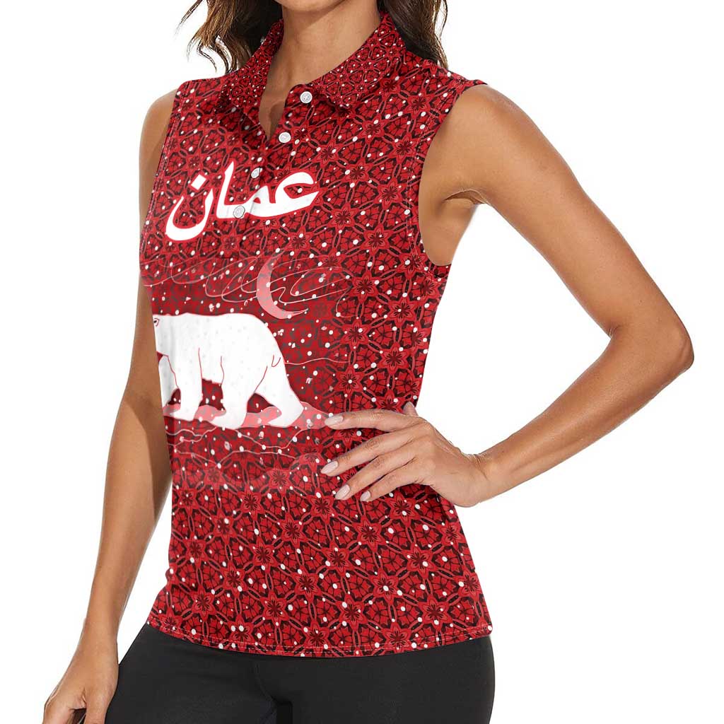 Oman Christmas Women Sleeveless Polo Shirt with Red Geometric Design, White Oryx, and National Emblem Motif - Wonder Print Shop