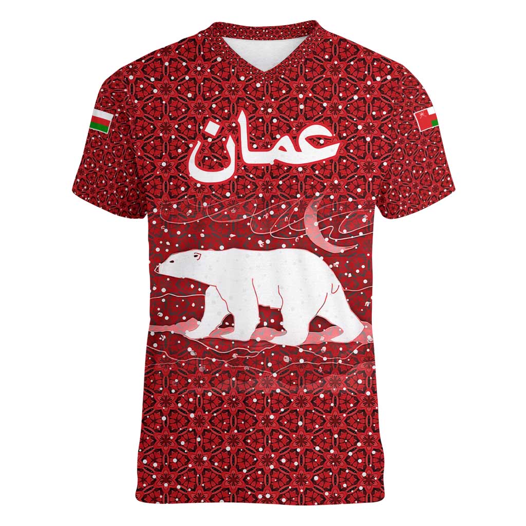 Oman Christmas Women V-Neck T-Shirt with Red Geometric Design, White Oryx, and National Emblem Motif - Wonder Print Shop
