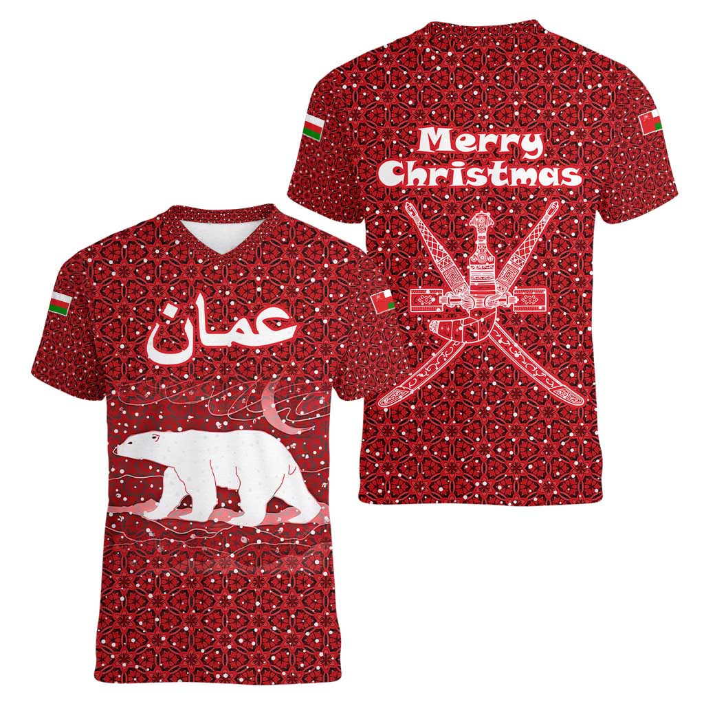 Oman Christmas Women V-Neck T-Shirt with Red Geometric Design, White Oryx, and National Emblem Motif - Wonder Print Shop
