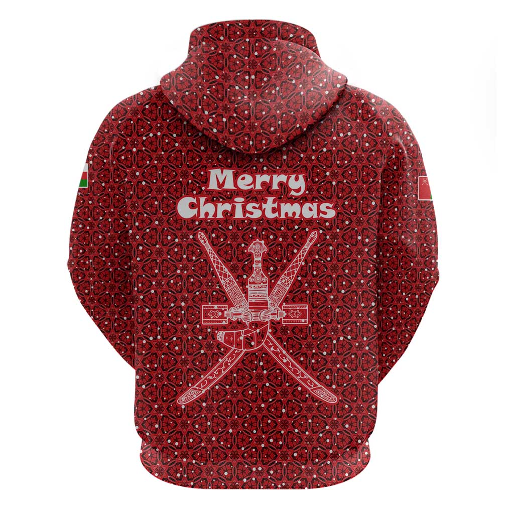 Oman Christmas Zip Hoodie with Red Geometric Design, White Oryx, and National Emblem Motif - Wonder Print Shop