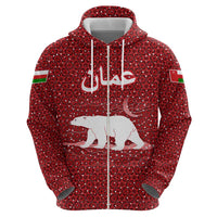 Oman Christmas Zip Hoodie with Red Geometric Design, White Oryx, and National Emblem Motif - Wonder Print Shop