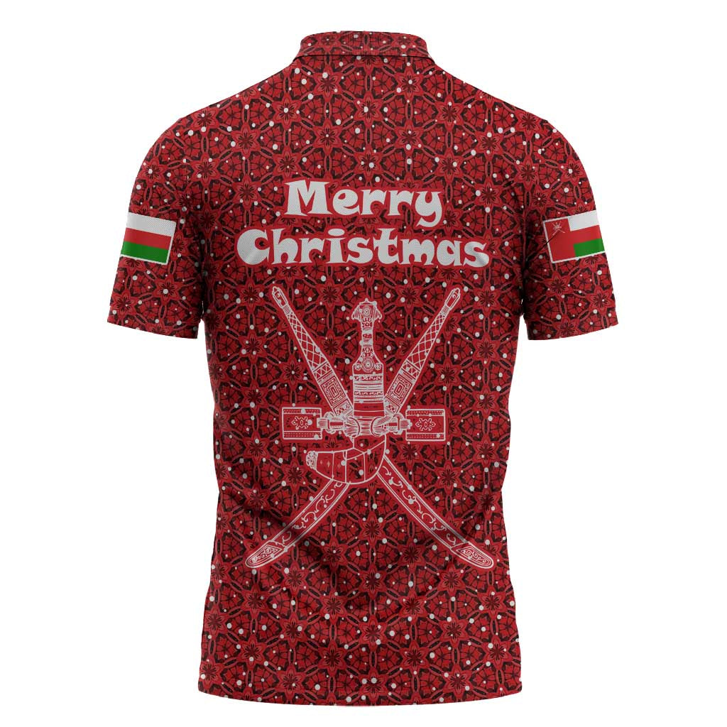 Oman Christmas Zipper Polo Shirt with Red Geometric Design, White Oryx, and National Emblem Motif - Wonder Print Shop