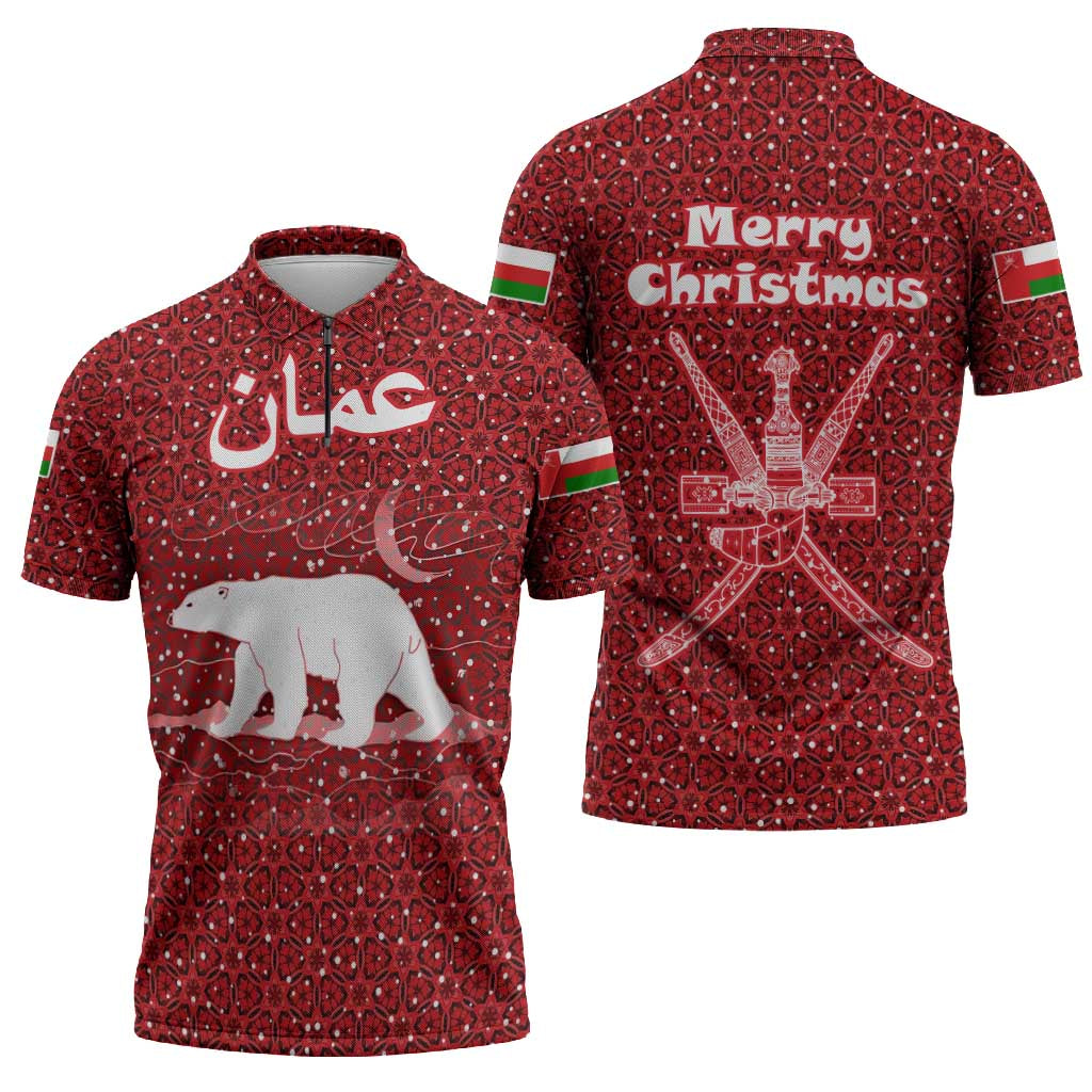Oman Christmas Zipper Polo Shirt with Red Geometric Design, White Oryx, and National Emblem Motif - Wonder Print Shop