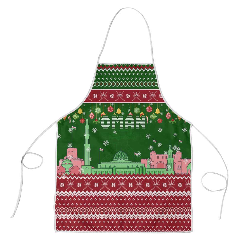 Oman Christmas Apron with Green-Red Pattern, Mosque and Fort Landmarks, and Festive Ornament Motif - Wonder Print Shop