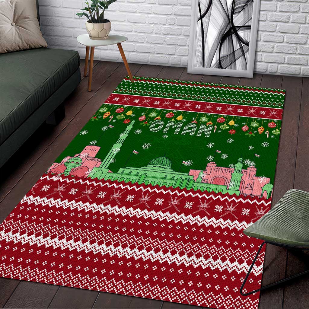 Oman Christmas Area Rug with Green-Red Pattern, Mosque and Fort Landmarks, and Festive Ornament Motif - Wonder Print Shop
