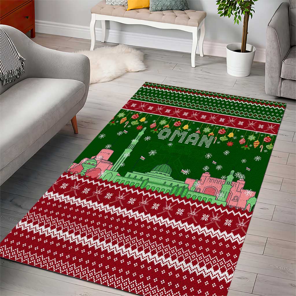 Oman Christmas Area Rug with Green-Red Pattern, Mosque and Fort Landmarks, and Festive Ornament Motif - Wonder Print Shop