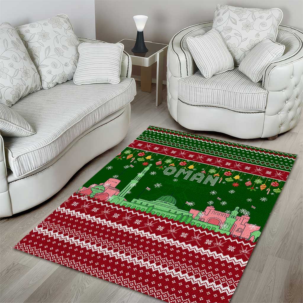 Oman Christmas Area Rug with Green-Red Pattern, Mosque and Fort Landmarks, and Festive Ornament Motif - Wonder Print Shop
