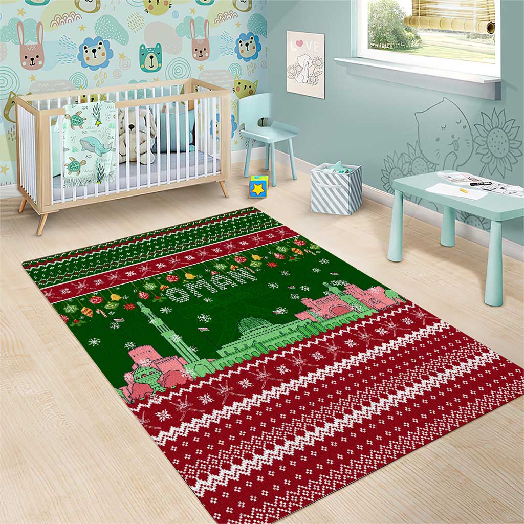 Oman Christmas Area Rug with Green-Red Pattern, Mosque and Fort Landmarks, and Festive Ornament Motif - Wonder Print Shop