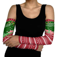 Oman Christmas Arm Sleeves with Green-Red Pattern, Mosque and Fort Landmarks, and Festive Ornament Motif - Wonder Print Shop