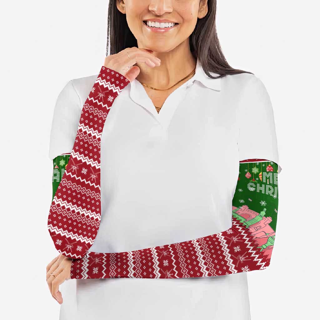 Oman Christmas Arm Sleeves with Green-Red Pattern, Mosque and Fort Landmarks, and Festive Ornament Motif - Wonder Print Shop