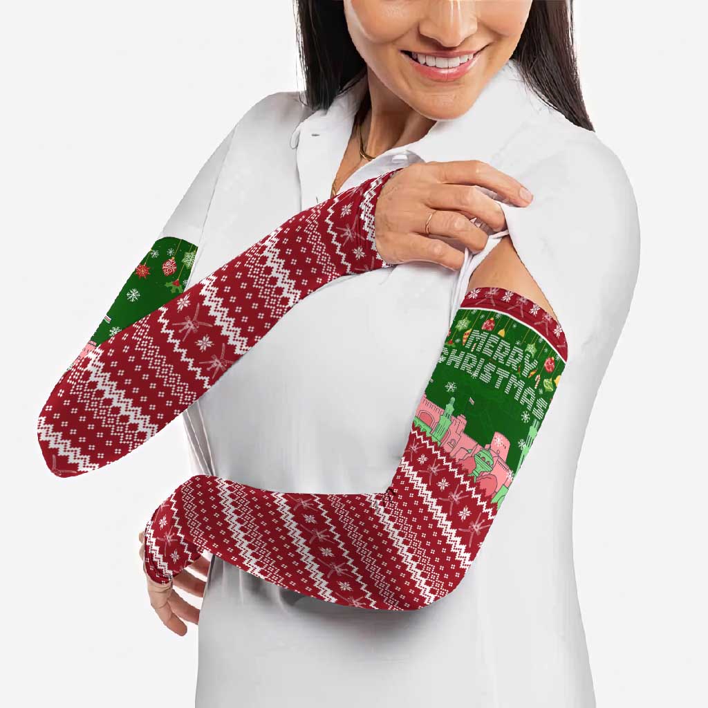Oman Christmas Arm Sleeves with Green-Red Pattern, Mosque and Fort Landmarks, and Festive Ornament Motif - Wonder Print Shop