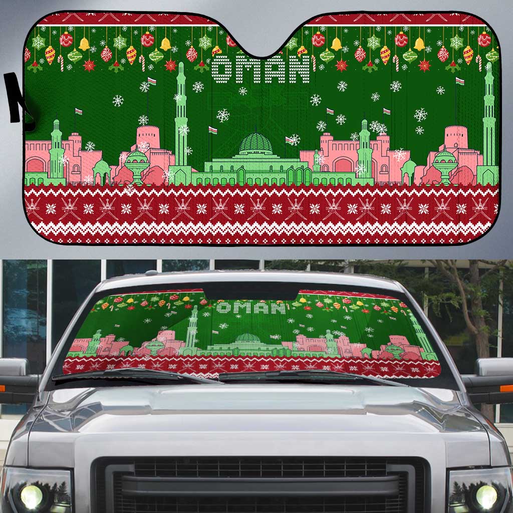 Oman Christmas Auto Sun Shade with Green-Red Pattern, Mosque and Fort Landmarks, and Festive Ornament Motif - Wonder Print Shop
