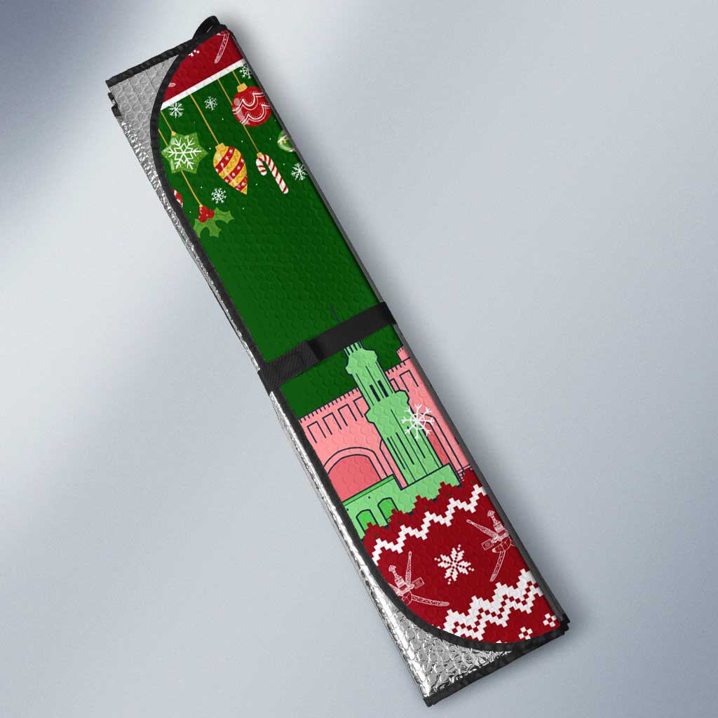 Oman Christmas Auto Sun Shade with Green-Red Pattern, Mosque and Fort Landmarks, and Festive Ornament Motif - Wonder Print Shop