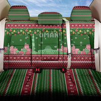 Oman Christmas Back Car Seat Cover with Green-Red Pattern, Mosque and Fort Landmarks, and Festive Ornament Motif - Wonder Print Shop