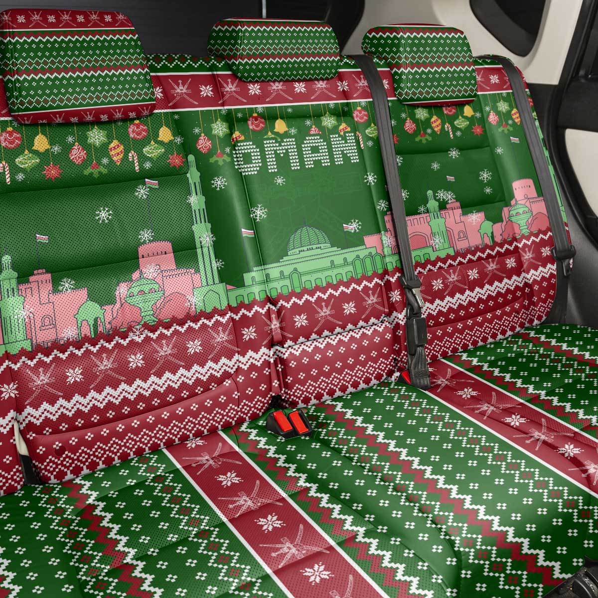 Oman Christmas Back Car Seat Cover with Green-Red Pattern, Mosque and Fort Landmarks, and Festive Ornament Motif - Wonder Print Shop